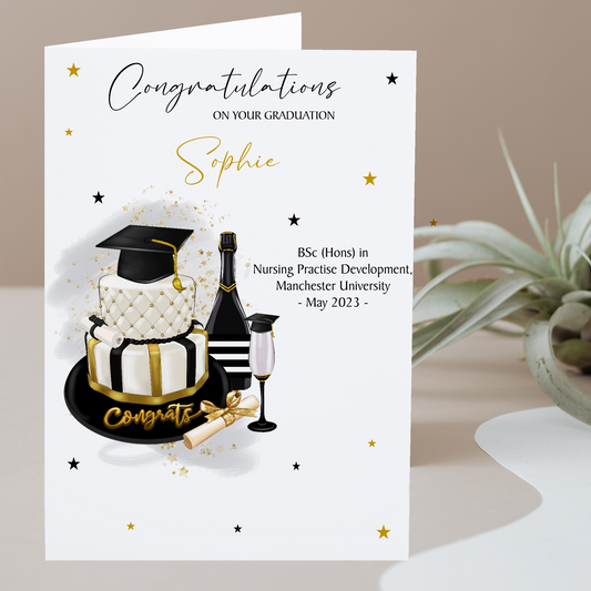 Personalised Graduation Card Congratulations Cake Champagne
