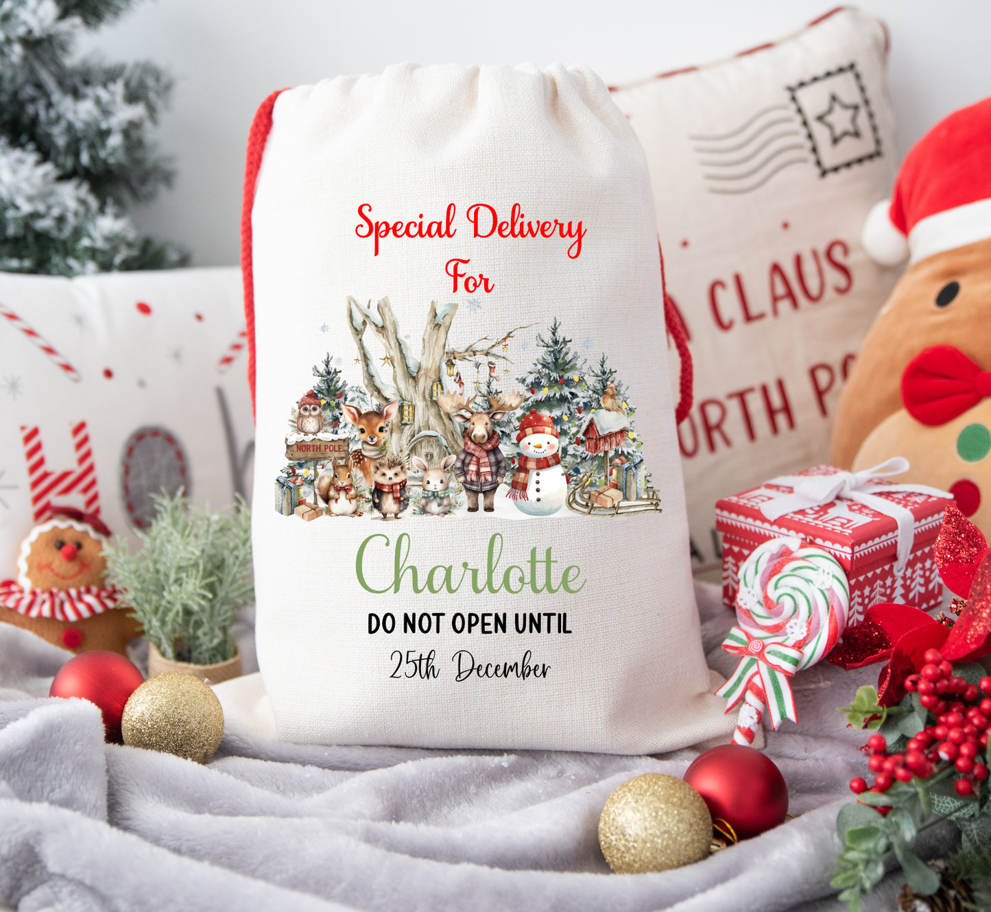 Personalised Christmas Santa Sack For Children Woodland Forest Animals
