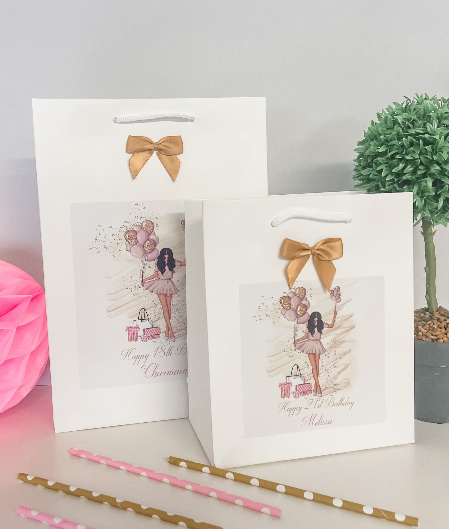 Personalised Birthday Gift Bag Girl Balloons - 4 Hair Colour Options