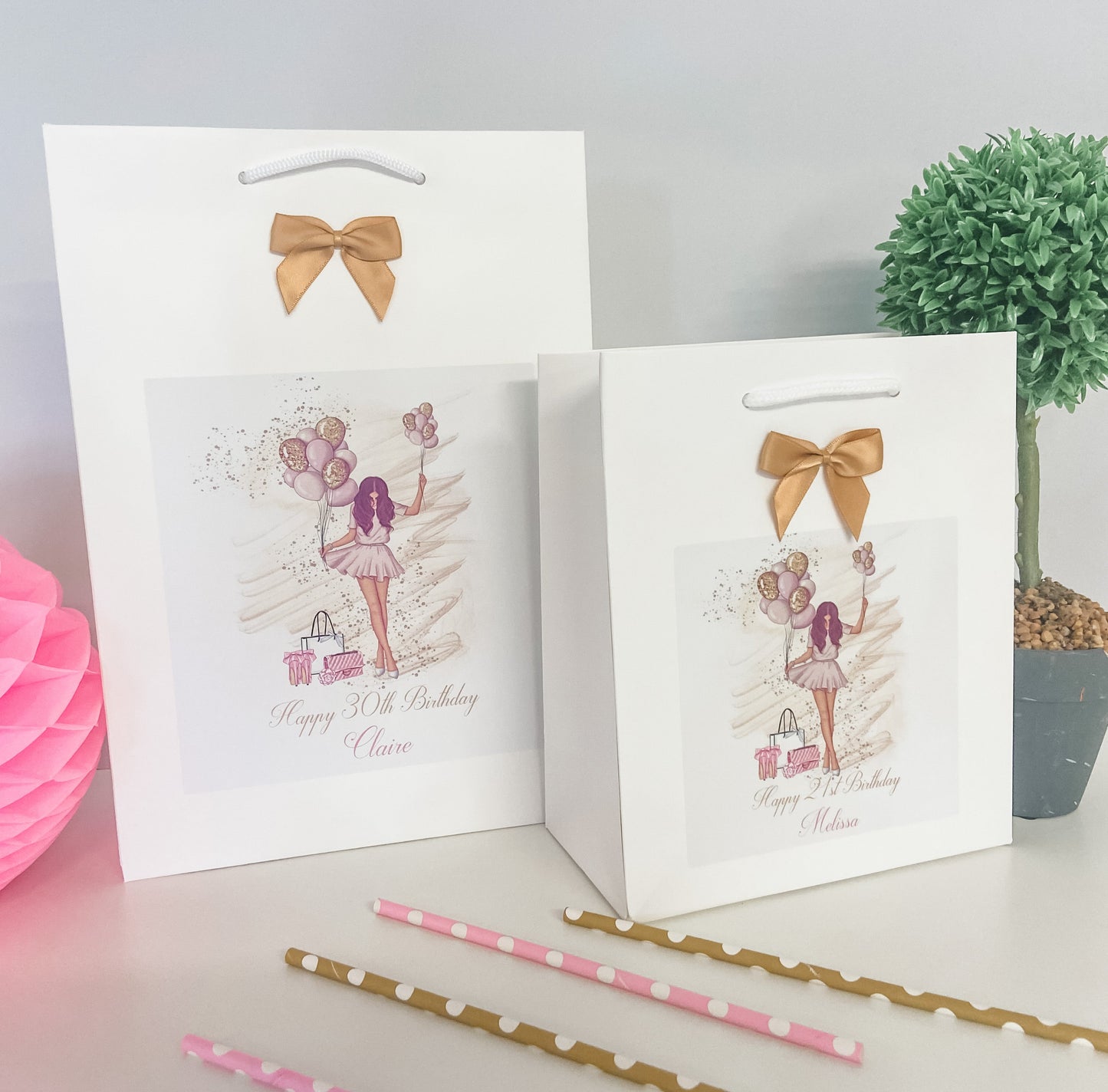 Personalised Birthday Gift Bag Girl Balloons - 4 Hair Colour Options