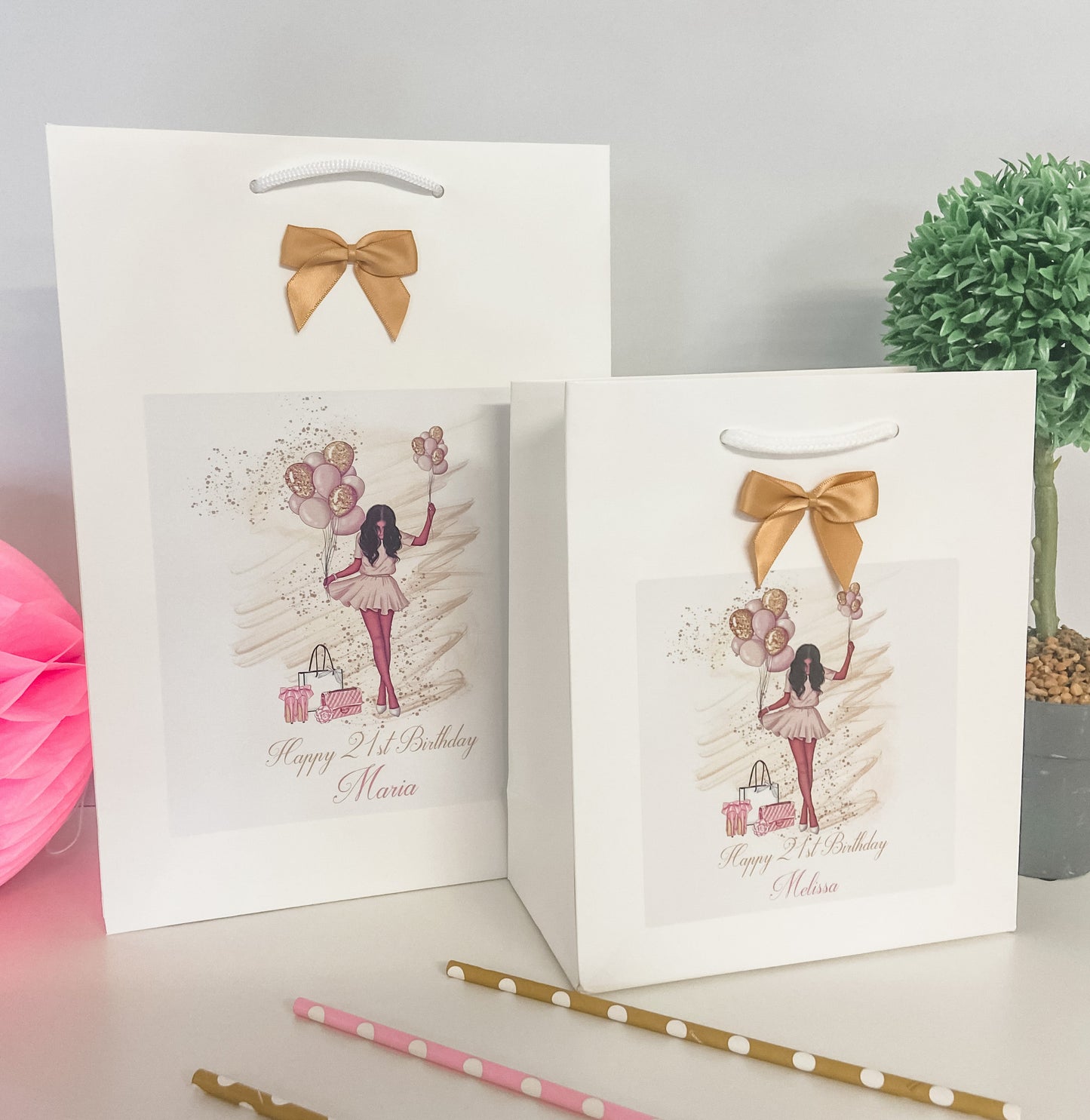 Personalised Birthday Gift Bag Girl Balloons - 4 Hair Colour Options
