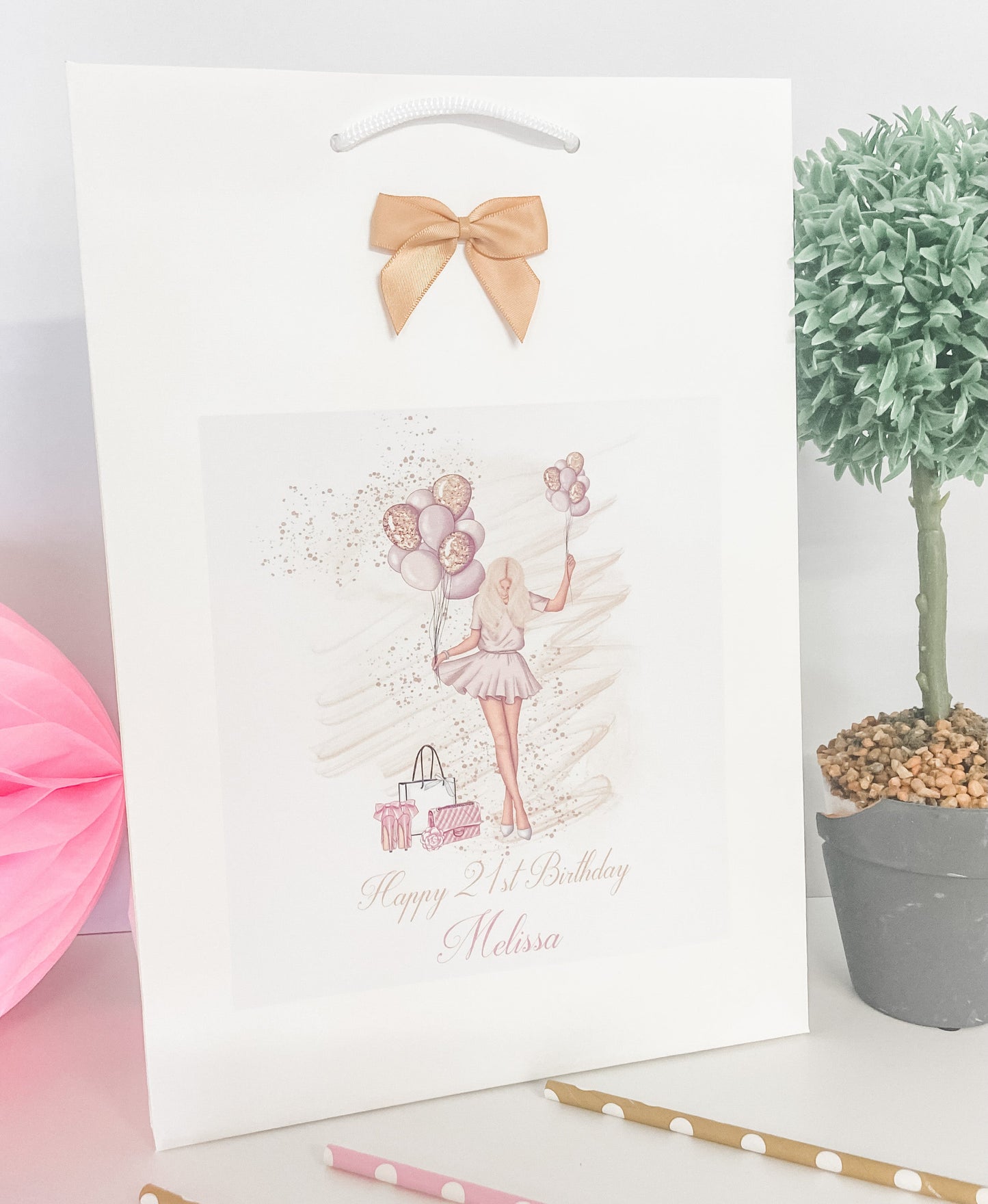 Personalised Birthday Gift Bag Girl Balloons - 4 Hair Colour Options