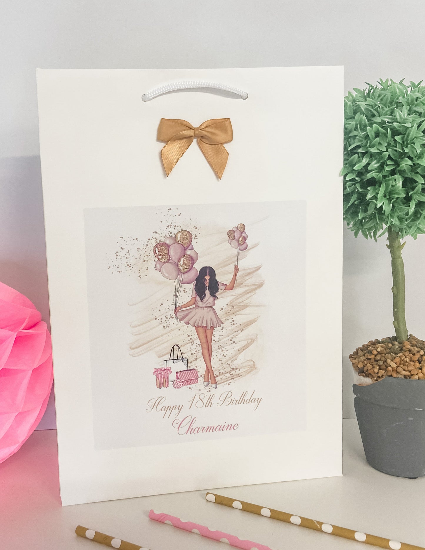 Personalised Birthday Gift Bag Girl Balloons - 4 Hair Colour Options
