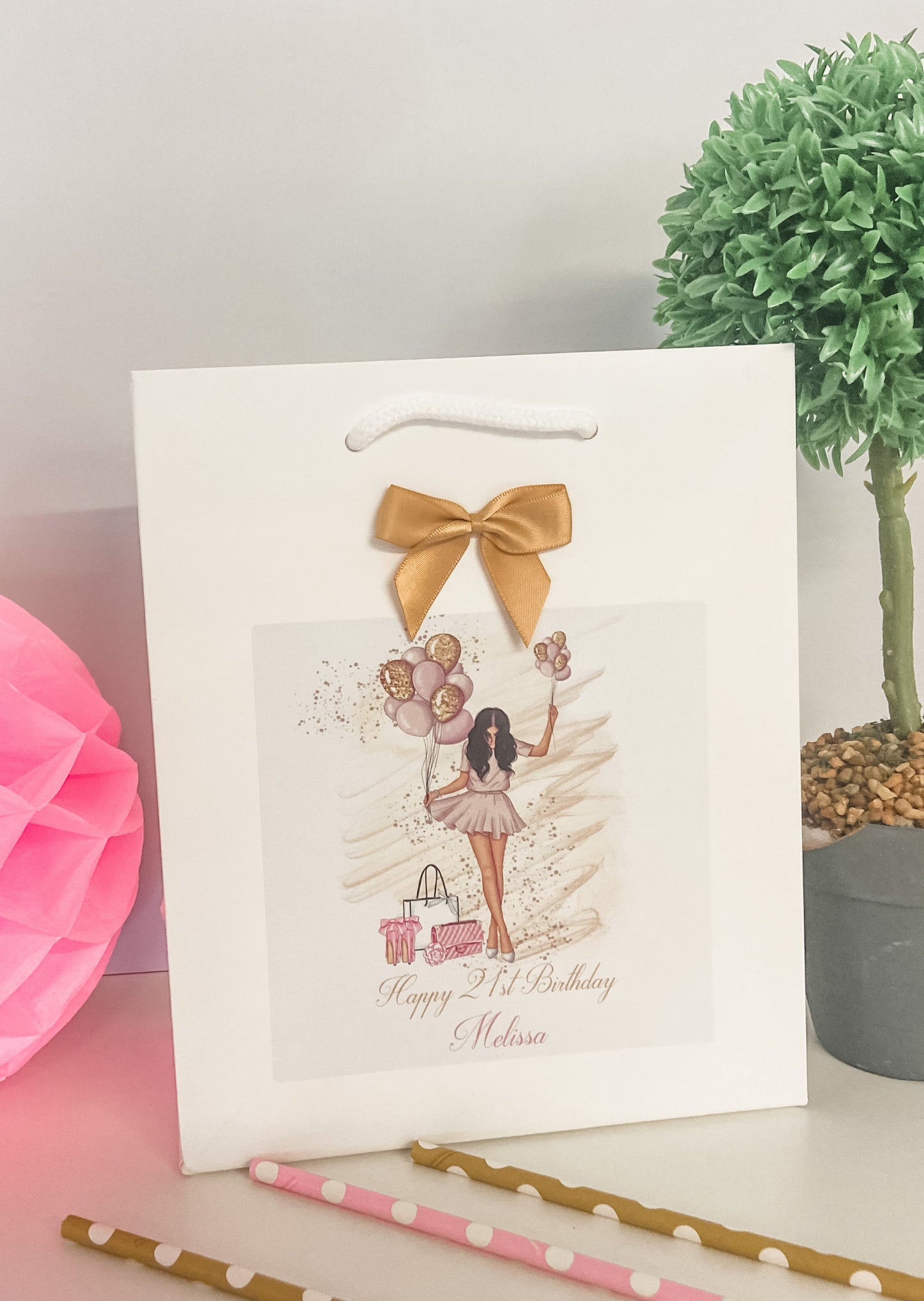 Personalised Birthday Gift Bag Girl Balloons - 4 Hair Colour Options