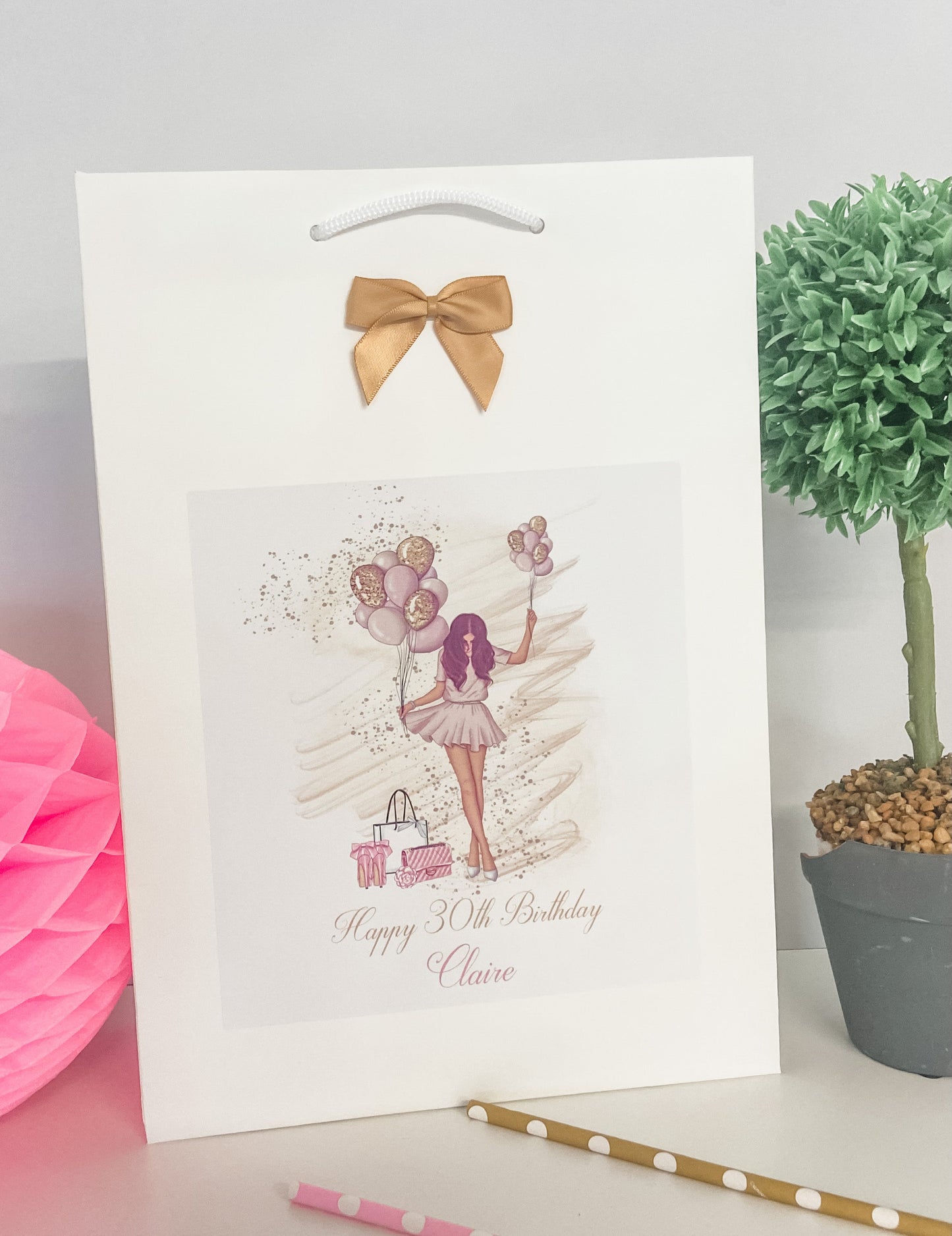 Personalised Birthday Gift Bag Girl Balloons - 4 Hair Colour Options