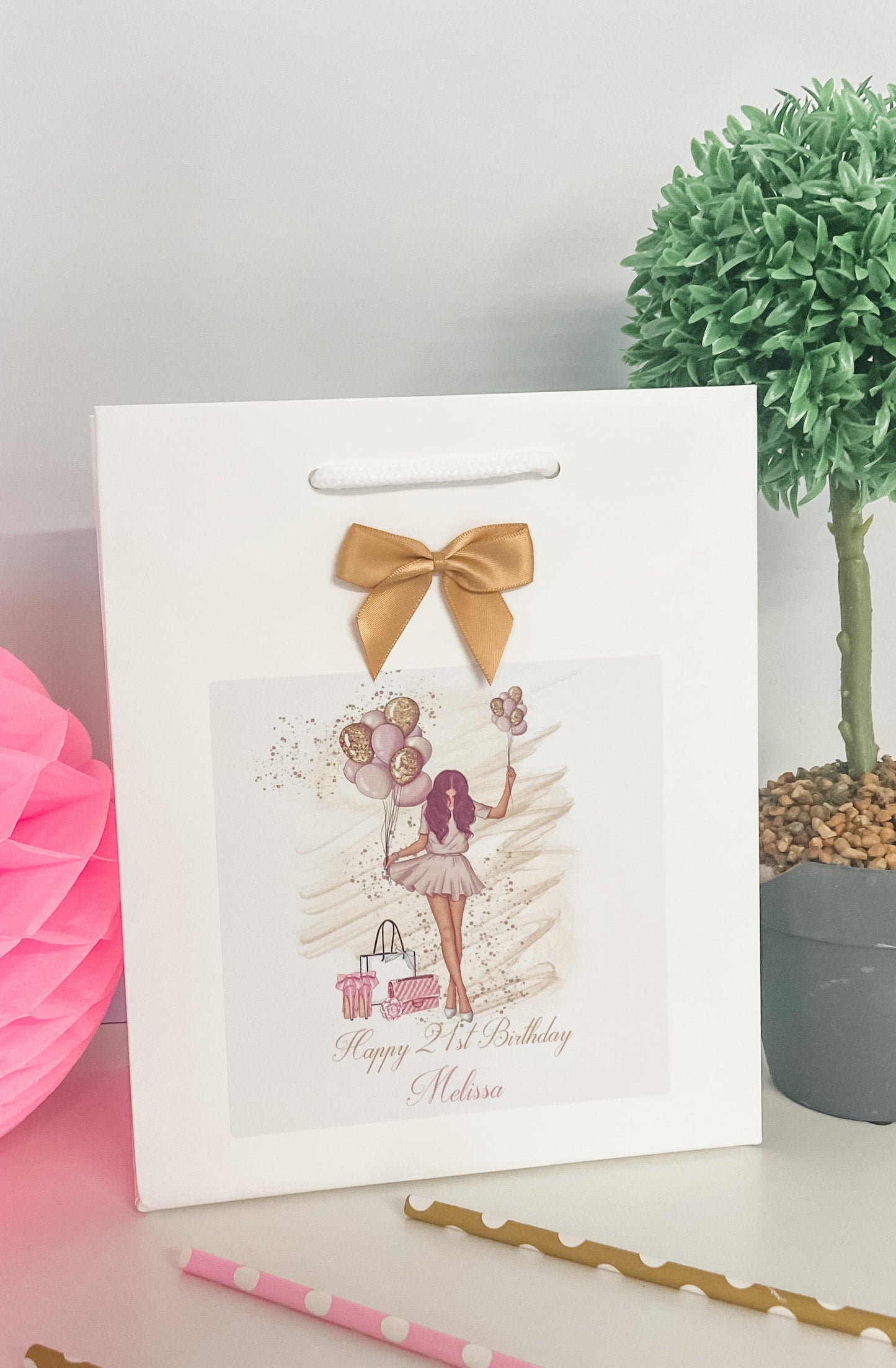 Personalised Birthday Gift Bag Girl Balloons - 4 Hair Colour Options