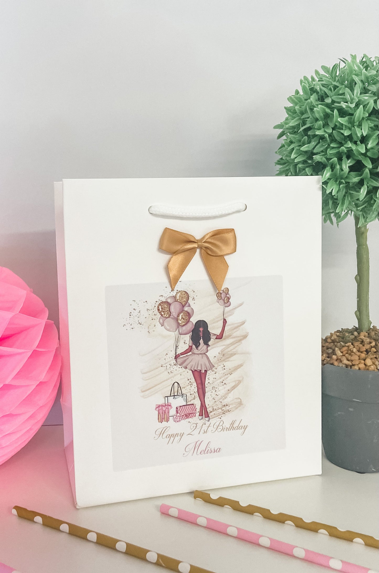 Personalised Birthday Gift Bag Girl Balloons - 4 Hair Colour Options