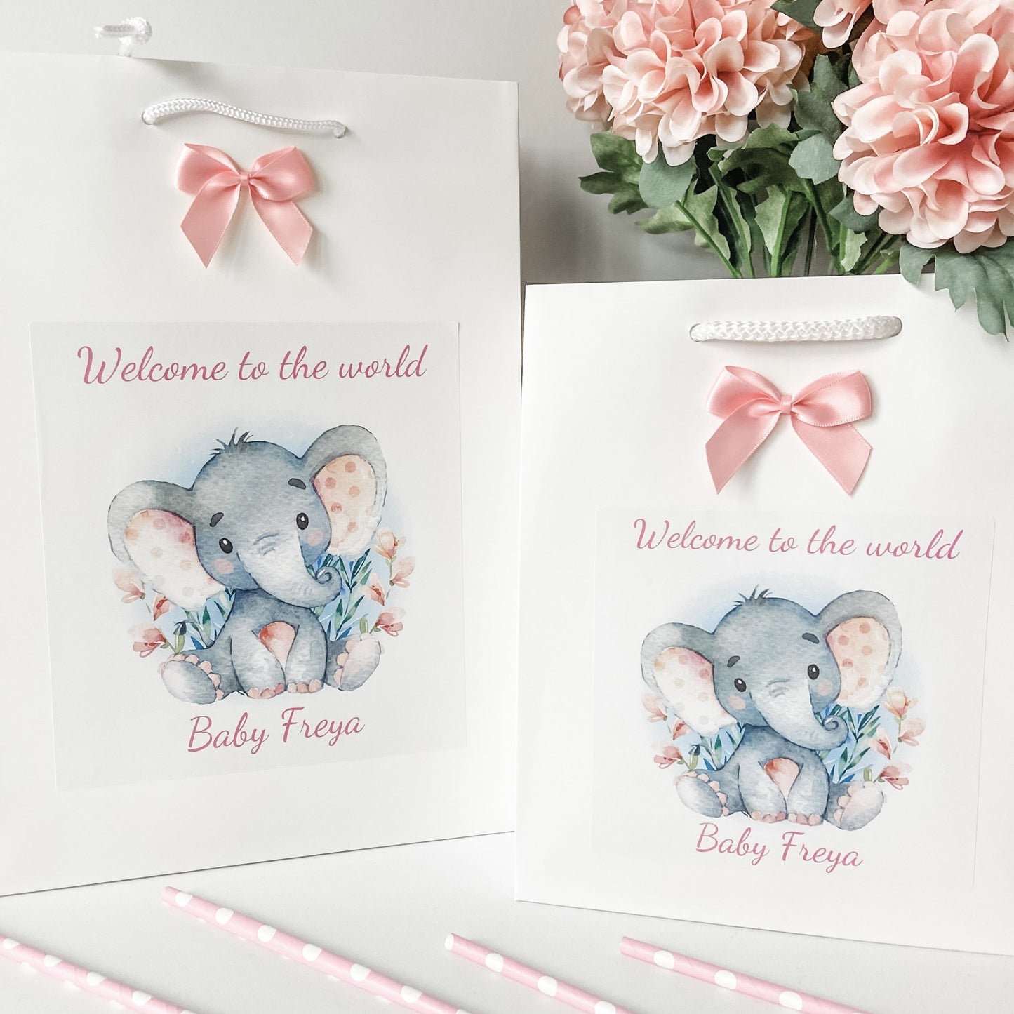 Personalised Congratulations New Baby Girl Gift Bag Watercolour Elephant