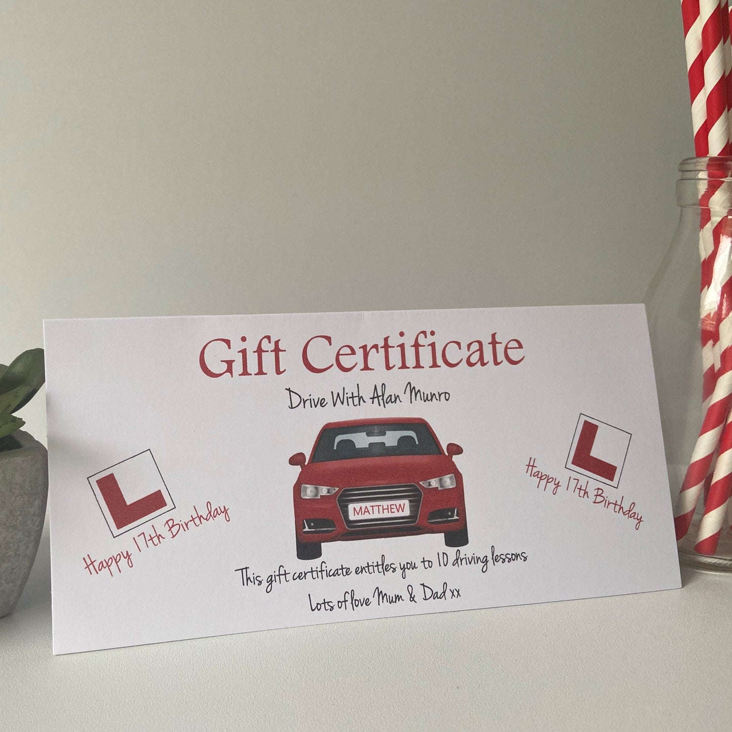 Personalised Driving Lessons Gift Certificate Wallet Birthday Card