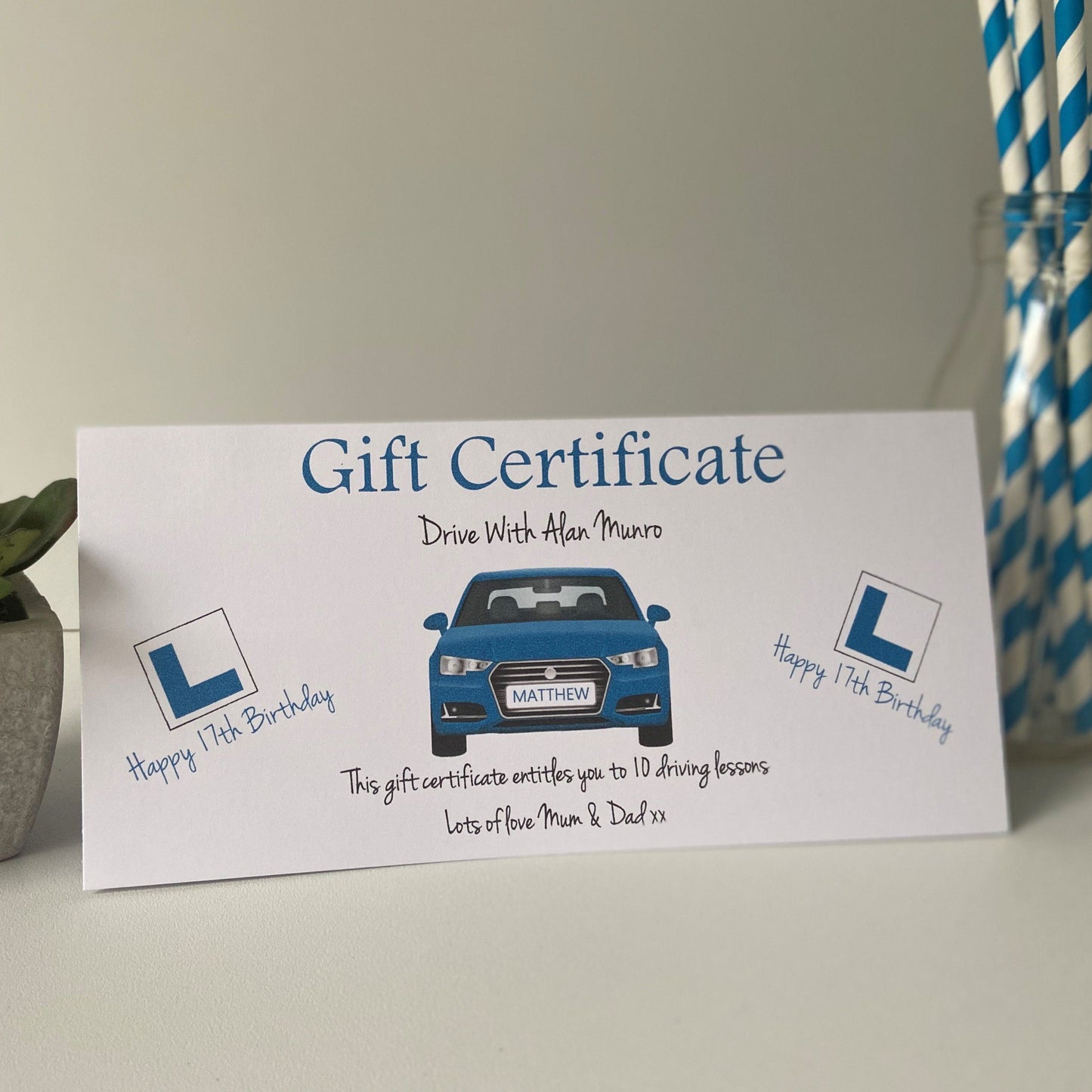 Personalised Driving Lessons Gift Certificate Wallet Birthday Card