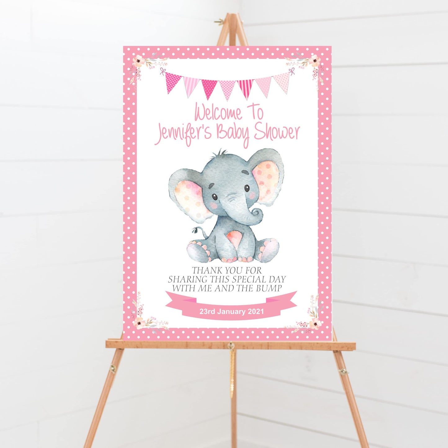 Personalised Baby Shower Welcome Sign Watercolur Elephant Pink
