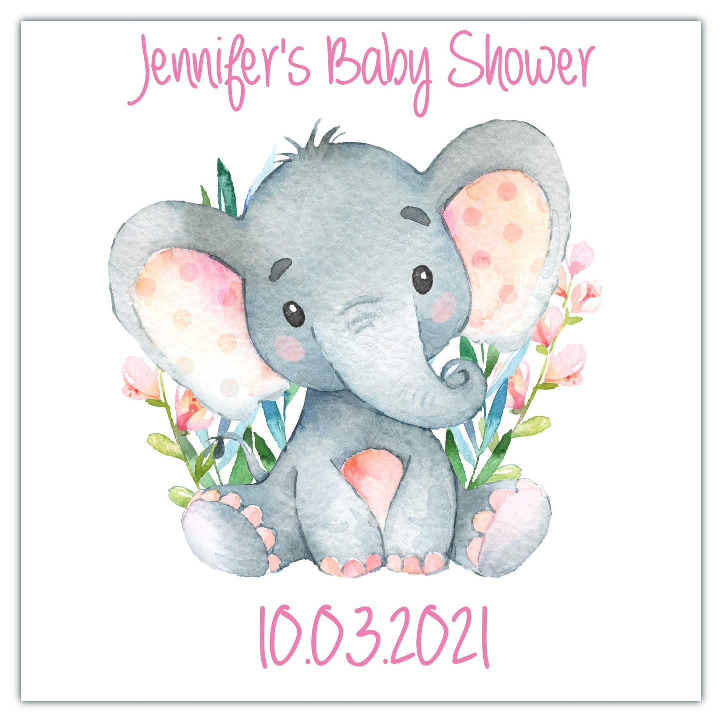 Personalised Baby Shower Party Stickers Watercolur Elephant Pink