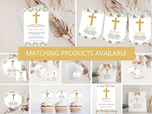 Personalised First Holy Communion Sweet Table Sign Gold Floral Cross