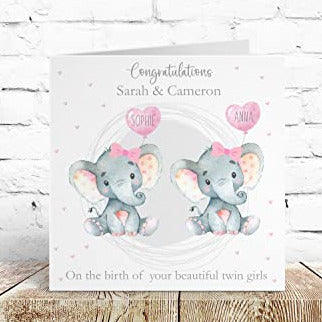 Personalised Congratulations New Baby Twins Card Girls Pink Watercolour Elephant