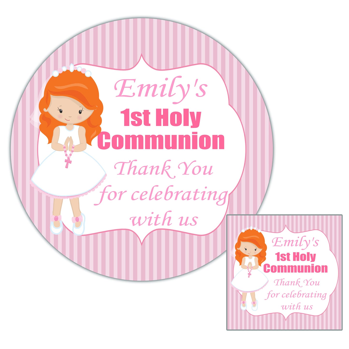 Personalised First Holy Communion Party Stickers Girl Pink