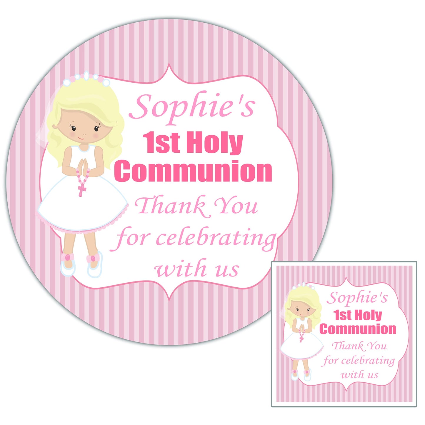 Personalised First Holy Communion Party Stickers Girl Pink