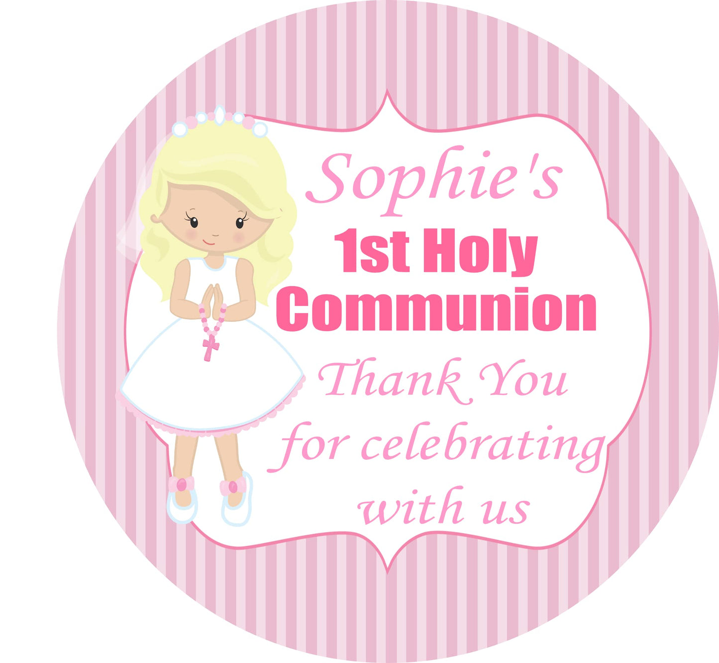 Personalised First Holy Communion Party Stickers Girl Pink