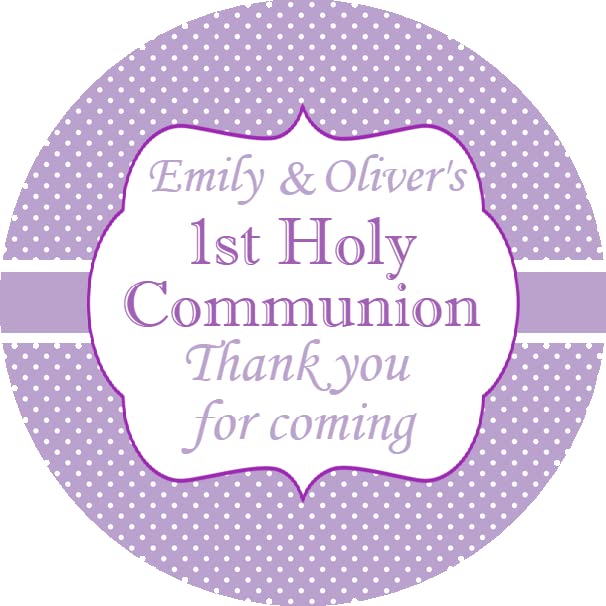 Personalised First Holy Communion Party Stickers Lilac Polka Dot