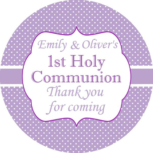 Personalised First Holy Communion Party Stickers Lilac Polka Dot