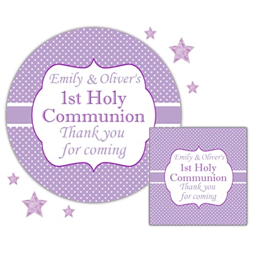 Personalised First Holy Communion Party Stickers Lilac Polka Dot