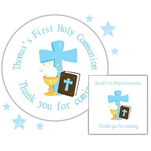 Personalised First Holy Communion Party Stickers for Favours Party Bags Boy Blue