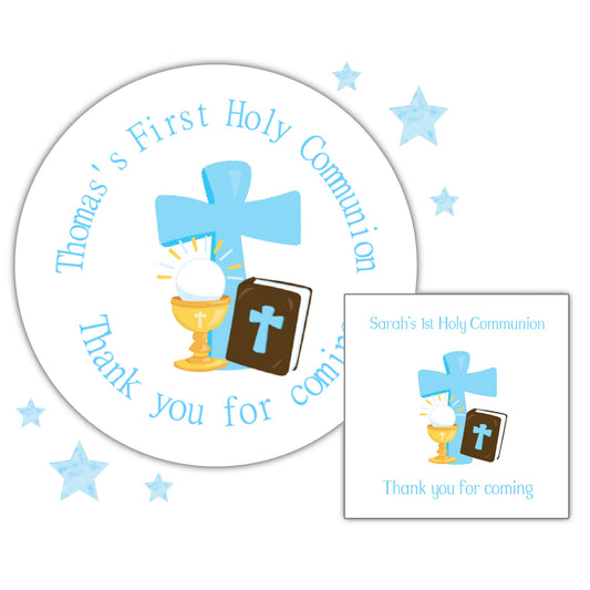 Personalised First Holy Communion Party Stickers for Favours Party Bags Boy Blue