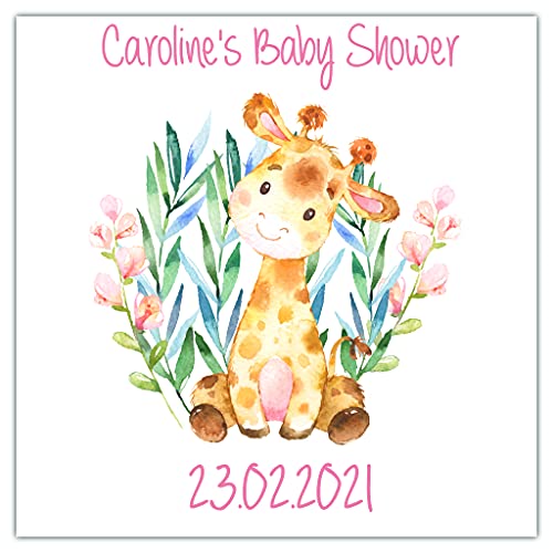 Personalised Baby Shower Party Stickers for Favours Party Bags Giraffe Pink Girl