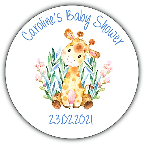 Personalised Baby Shower Party Stickers for Favours Party Bags Giraffe Blue Boy