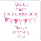 Personalised First Holy Communion Party Stickers  Pink Bunting