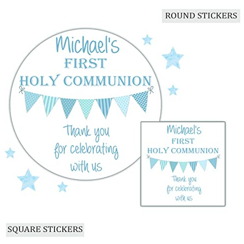 Personalised First Holy Communion Party Stickers Blue Bunting