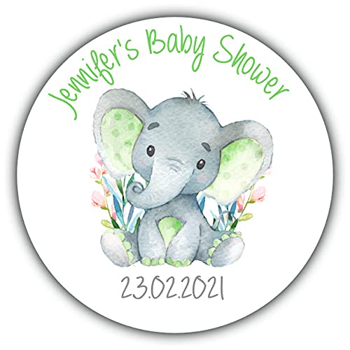 Personalised Baby Shower Party Stickers for Favours Party Bags Elephant Green