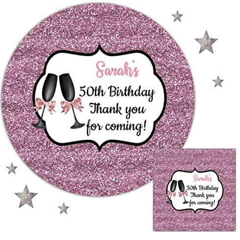Personalised Birthday Party Stickers Pink Glitter Effect