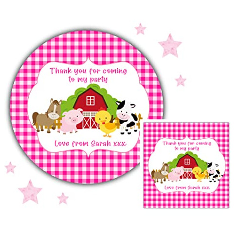Personalised Birthday Party Stickers Gingham Pink Barn