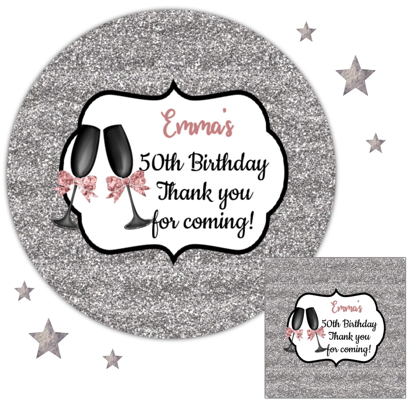 Personalised Birthday Party Stickers Silver Glitter Effect Celebration
