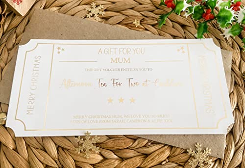 Personalised Foil Voucher Christmas Gift Card Afternoon Tea Present Surprise Reveal