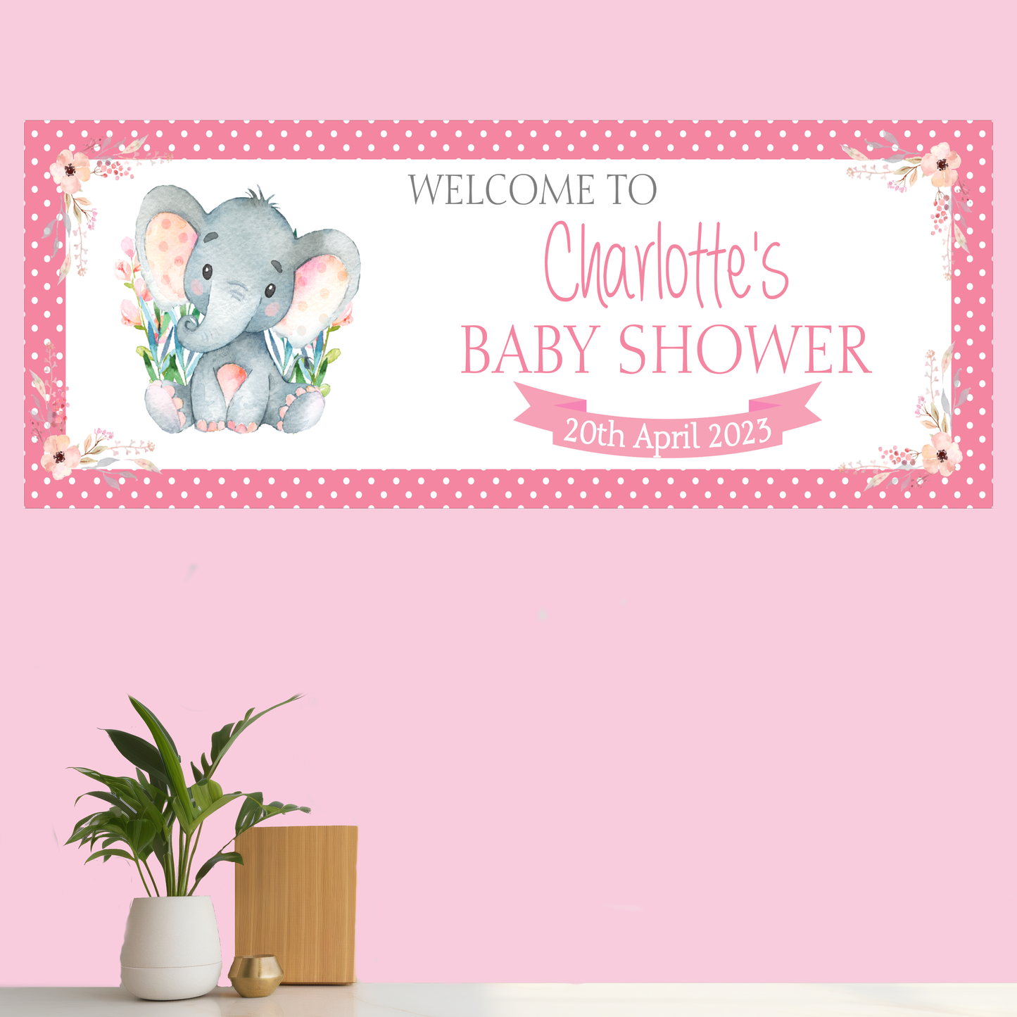 Personalised Baby Shower Party Banner, Watercolour Elephant Pink Girl