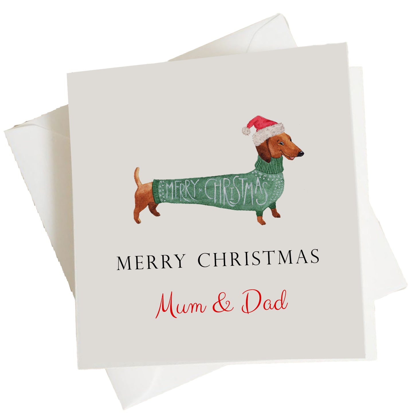 a christmas card with a dachshund wearing a santa hat