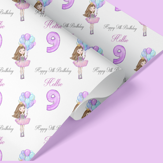a purple and white birthday wrapping paper with a girl holding balloons