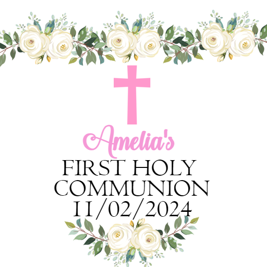 a cross and flowers with the words ameli's first holy community