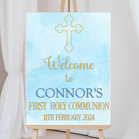 a sign with a cross on it that says, welcome to connor's first