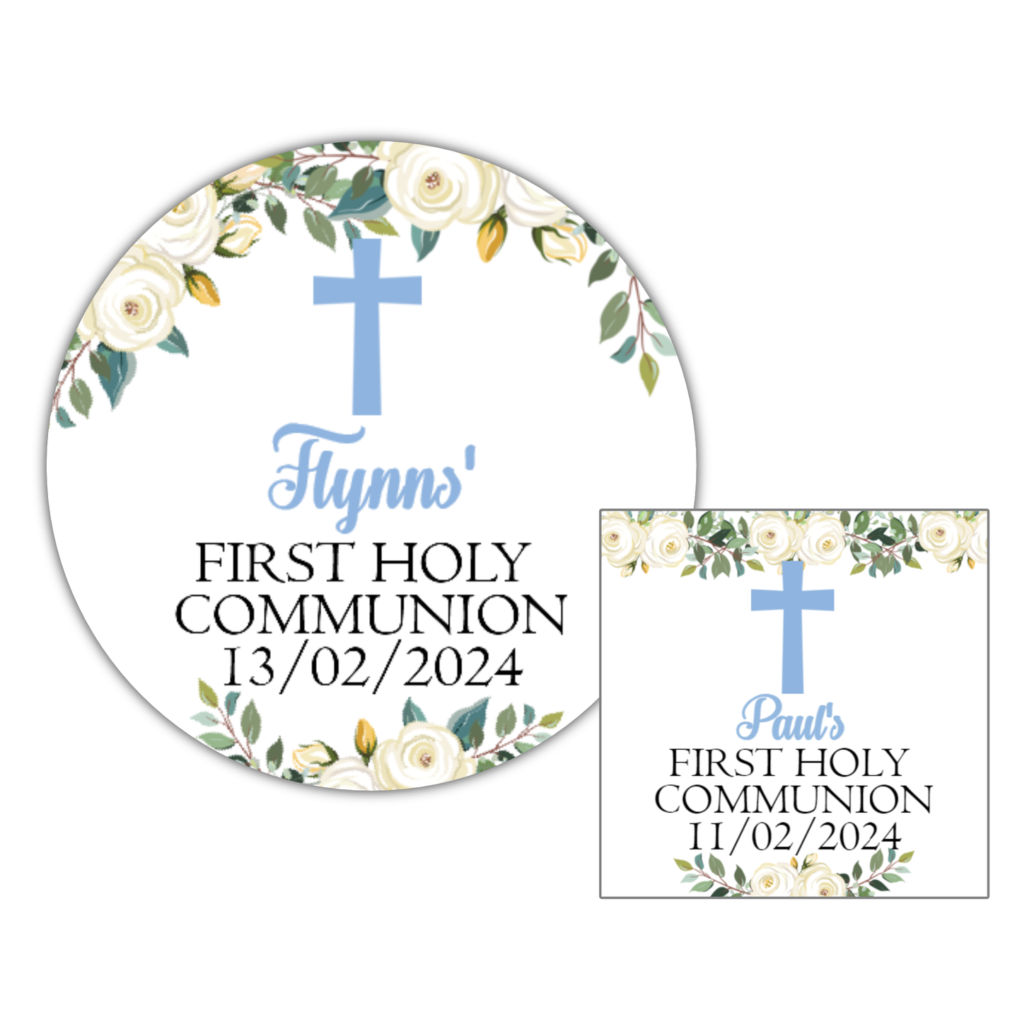 Personalised First Holy Communion Party Bag Stickers Blue Floral Cross