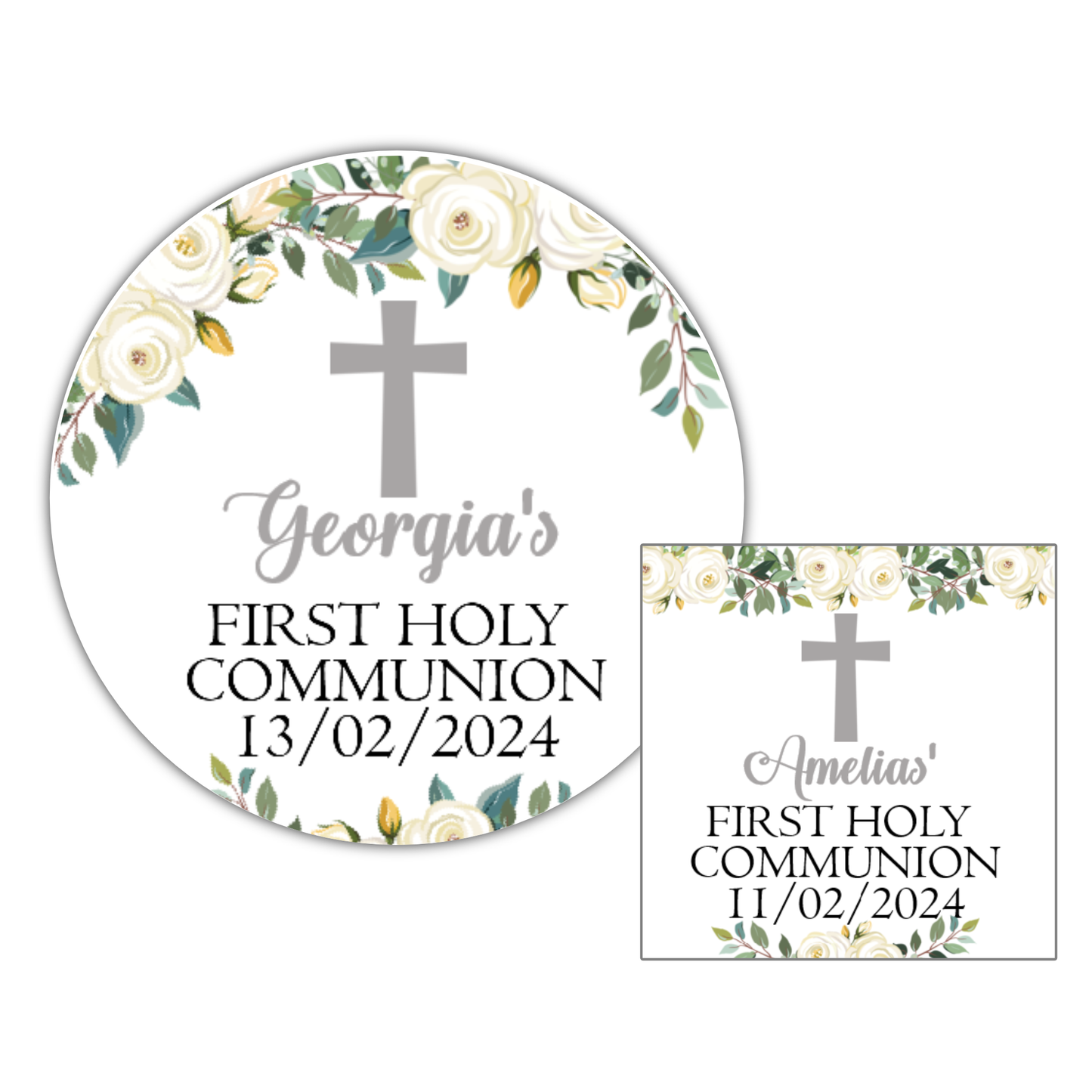 a baptism sticker with a cross and flowers