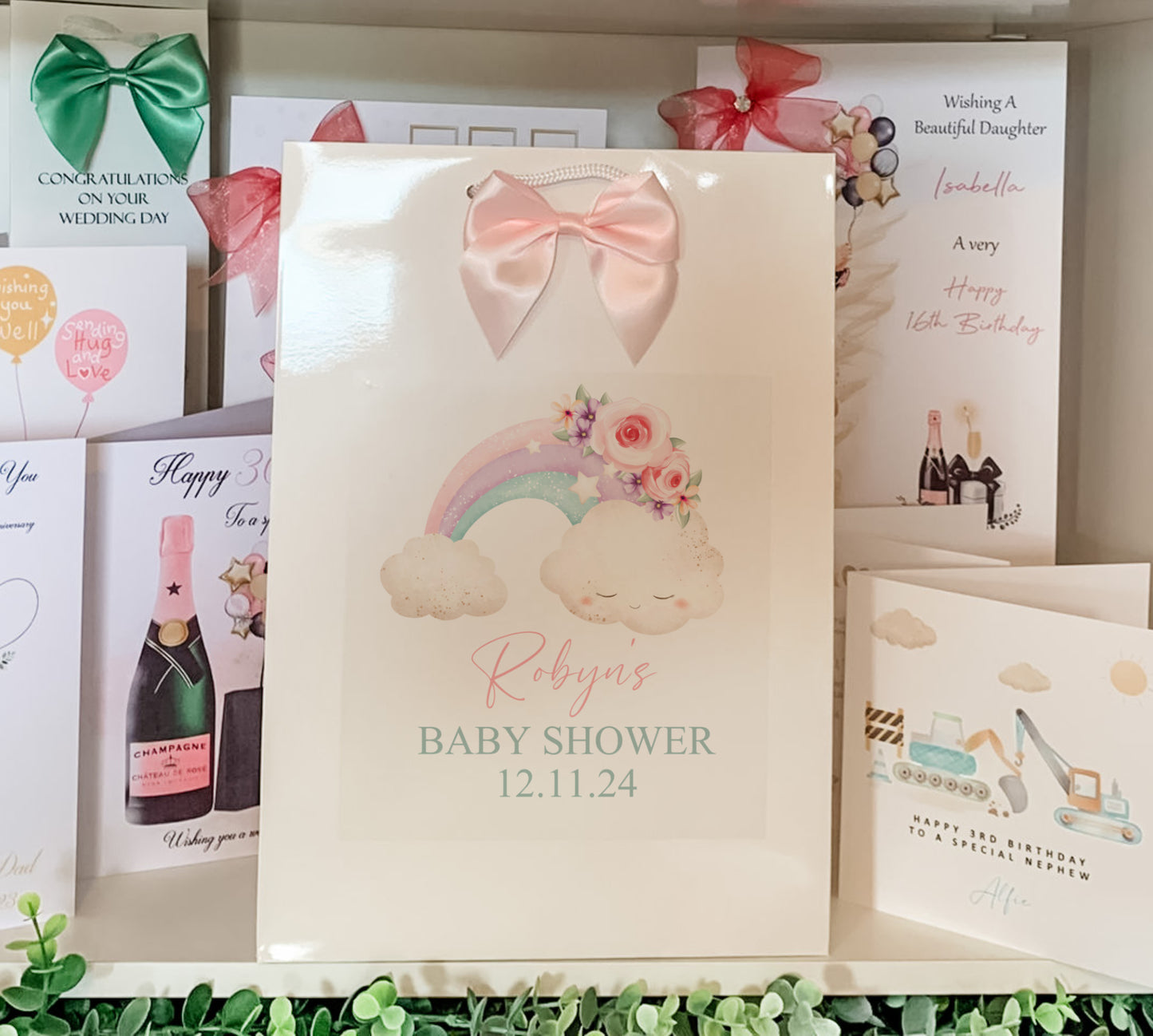 a display of baby shower cards and greeting cards