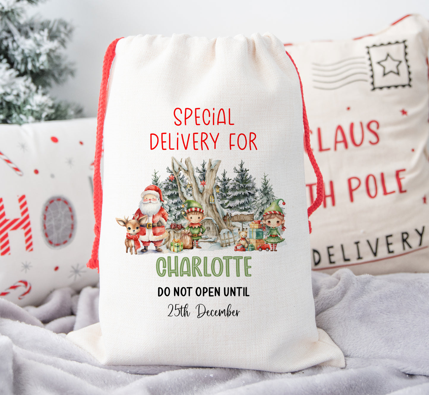 Personalised Christmas Santa Sack For Children Woodland Forest Santa, Elves and Reindeer