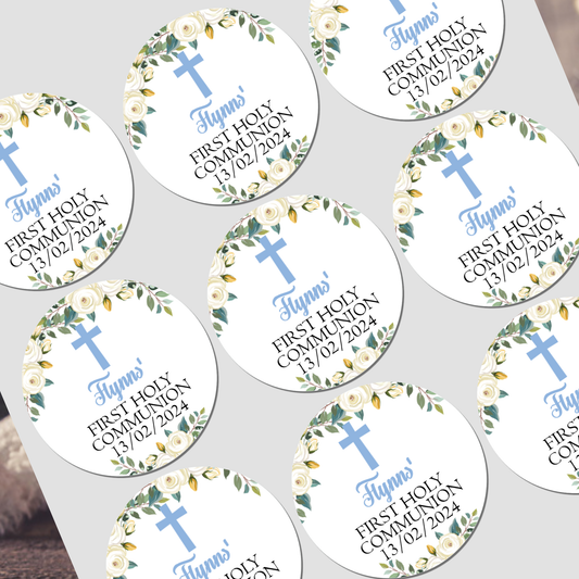 Personalised First Holy Communion Party Bag Stickers Blue Floral Cross