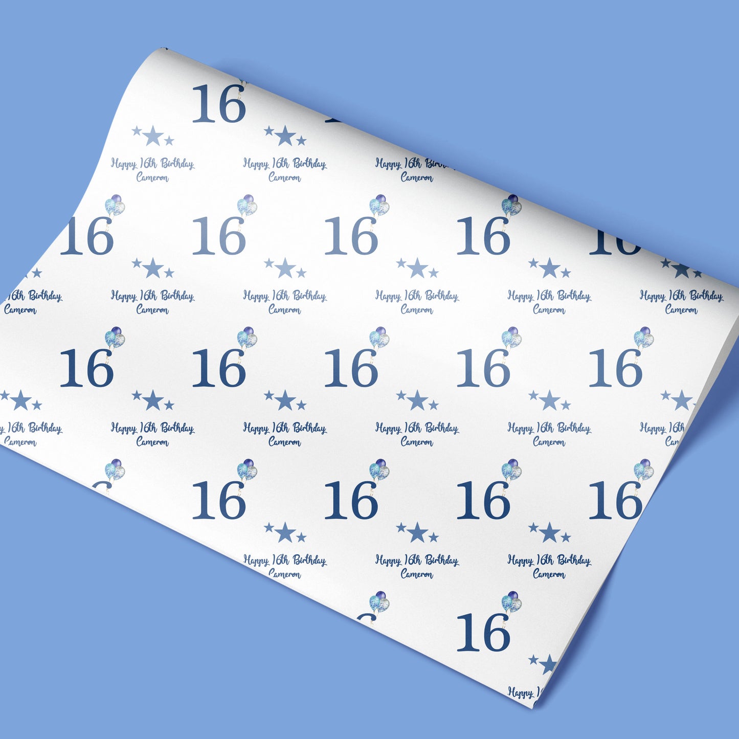 Personalised Birthday Wrapping Paper Blue Stars Balloons