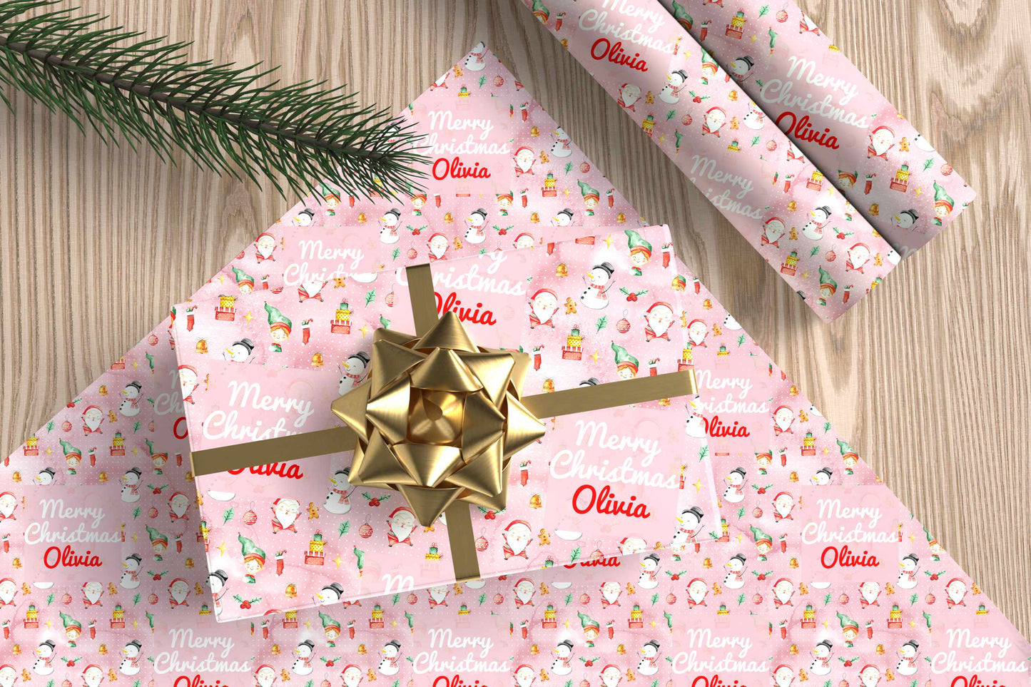 Personalised Christmas Wrapping Paper Pink Polka Dot Santa Snowman Elf
