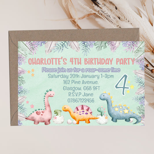 a birthday party card with a dinosaur theme