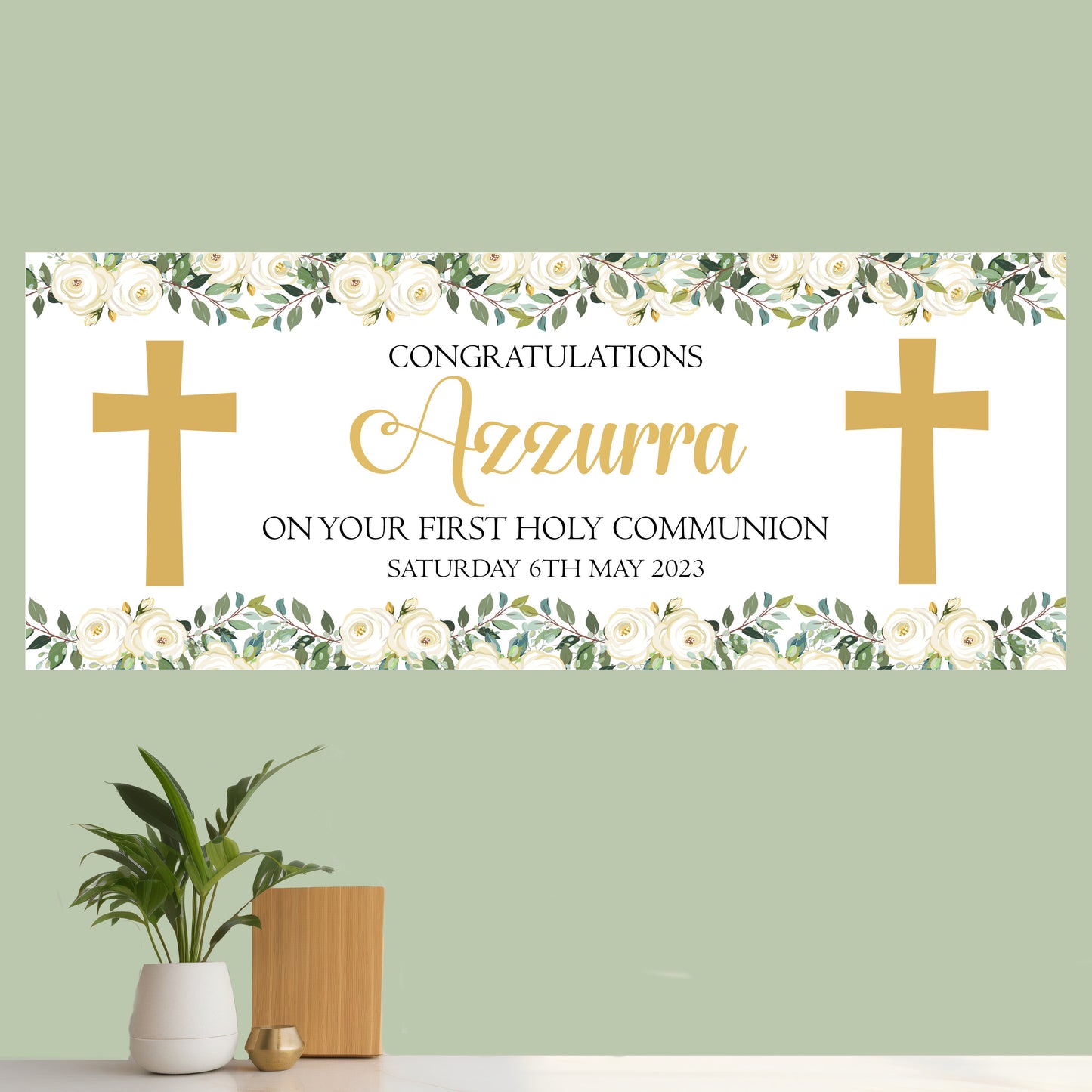 Personalised First Holy Communion Party Banner Gold Floral Cross