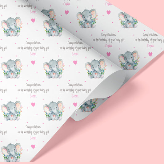 Personalised New Baby Girl Gift Wrapping Paper Pink Elephant
